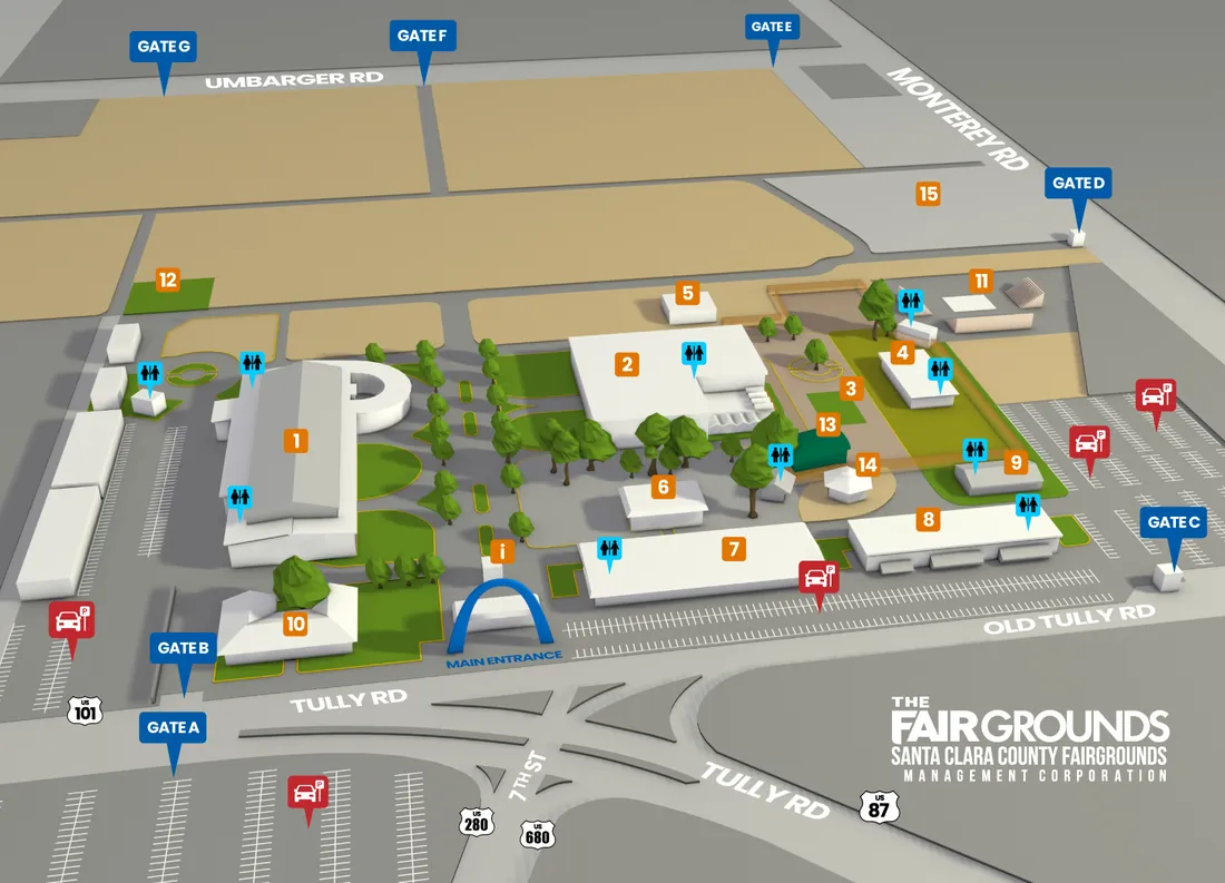 Map of the Santa Clara County Fairgrounds with Gateway Hall marked